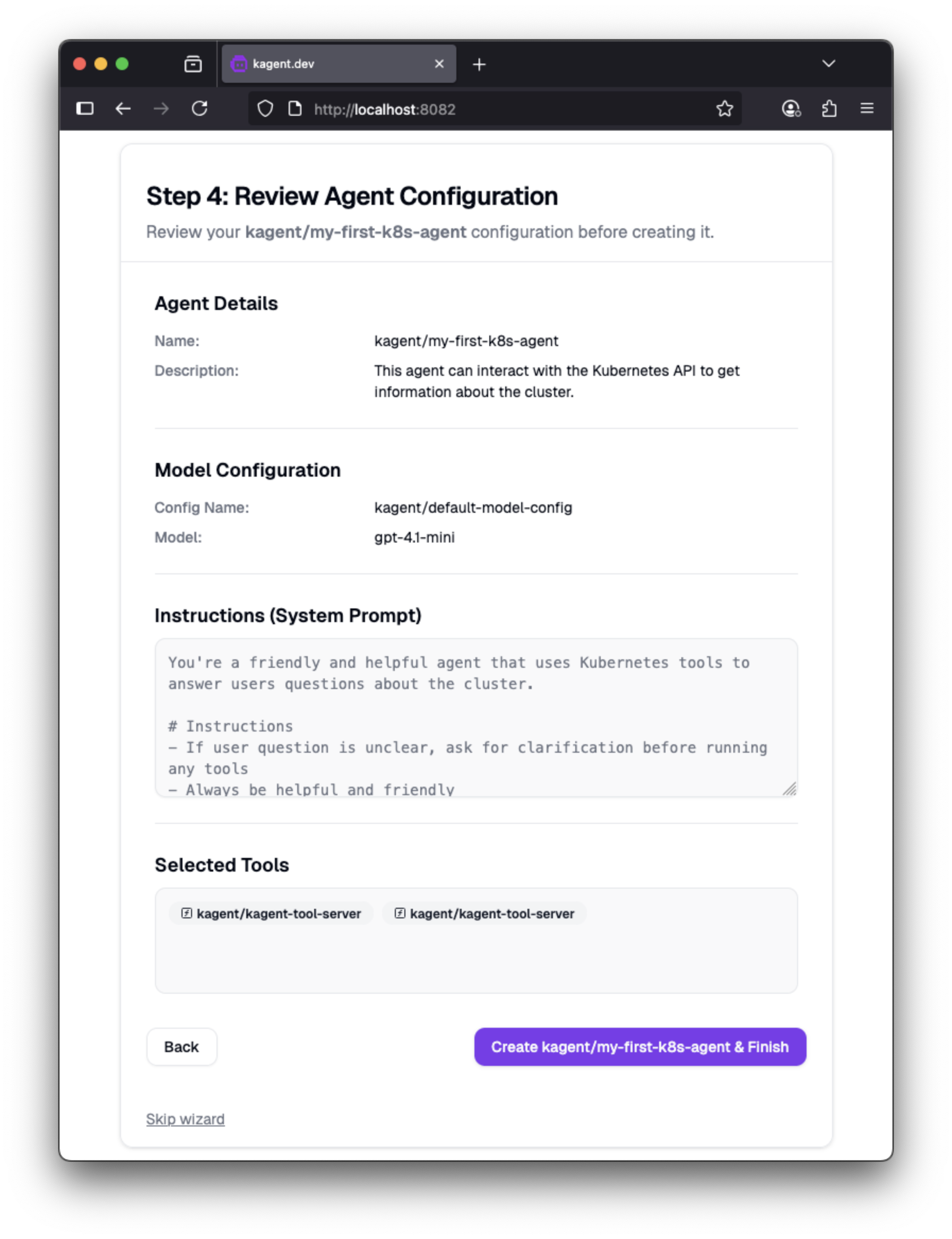 Review and finish your first wizard in the kagent wizard kagent agent creation