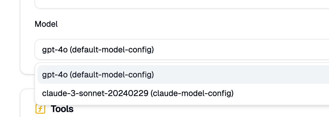 kagent model selection dropdown Model selection
