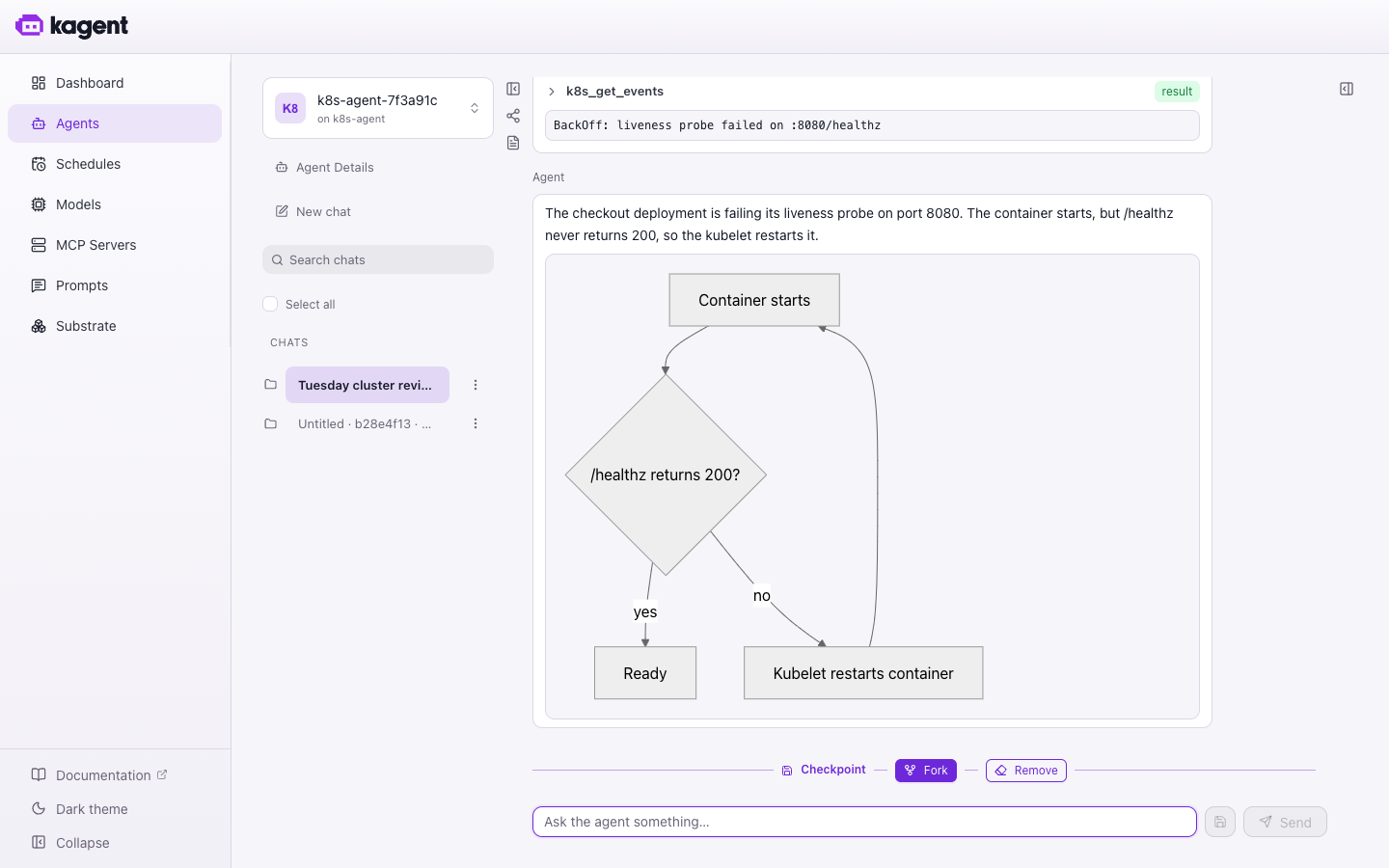 A conversation with an agent, showing a tool call and a checkpoint