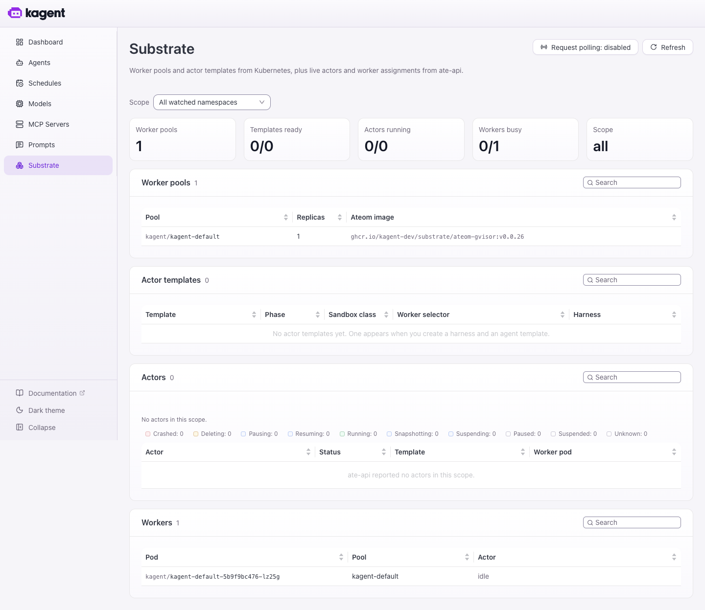 The Substrate page, showing one worker pool and an idle worker